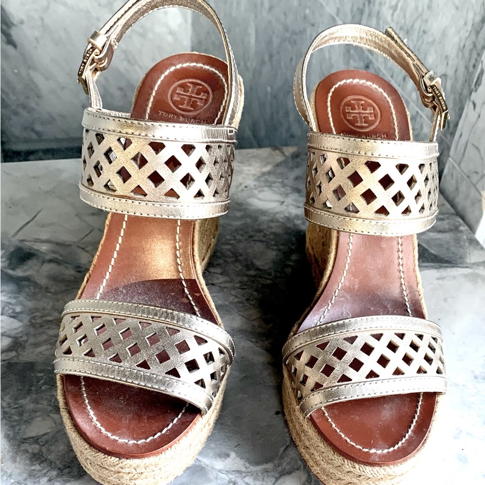 Tori Burch 5” Espadrille Platform Metallic Leather Shoes